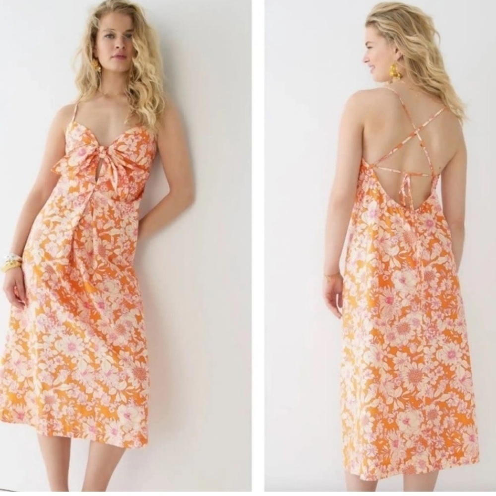 J Crew NWT Tie Front Cotton Poplin Midi Dress Orange Floral Women’s Sz XS Party